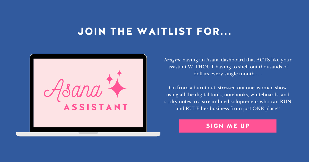 Navy background with the Asana Assistant logo on a laptop mockup