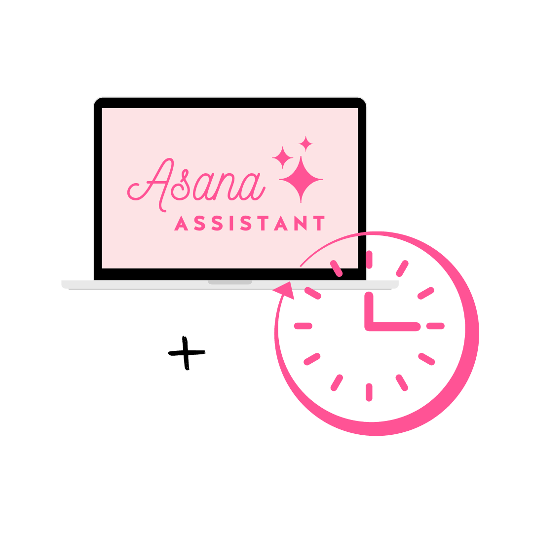 Asana Assistant logo displayed on a laptop mockup with a hot pink clock graphic overlaid on the bottom left corner