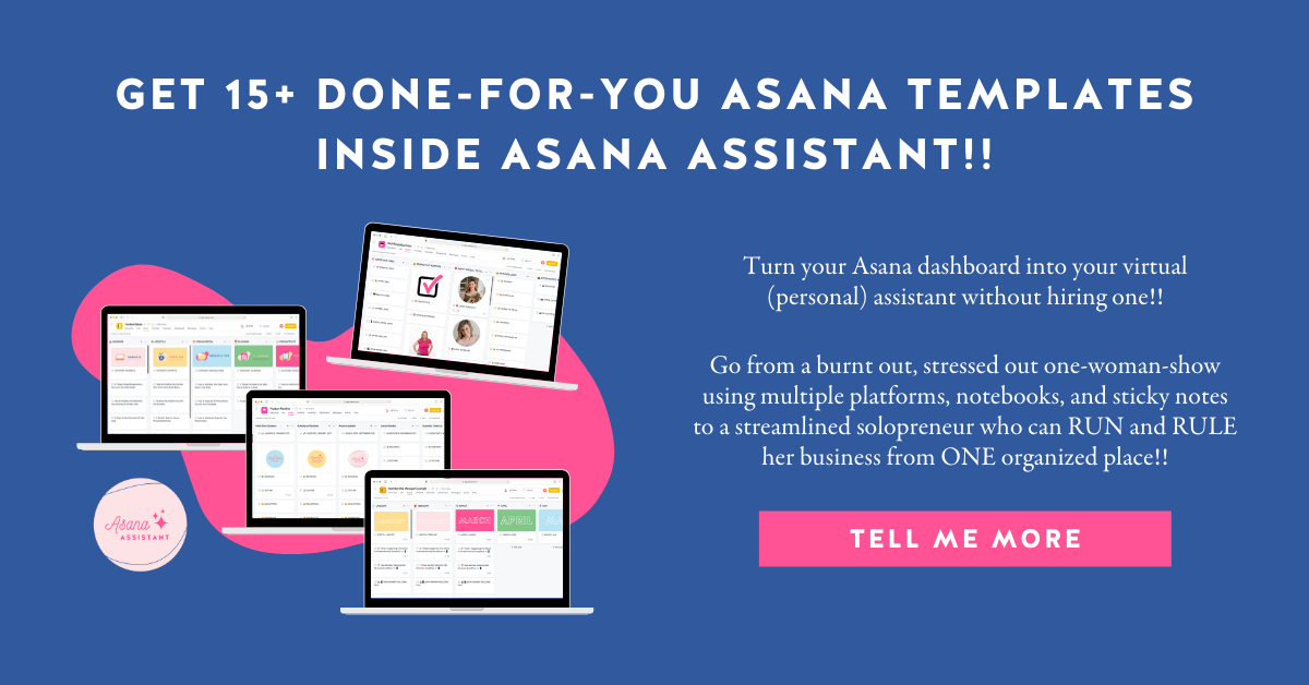 Navy background with Asana Assistant templates on laptop mockups