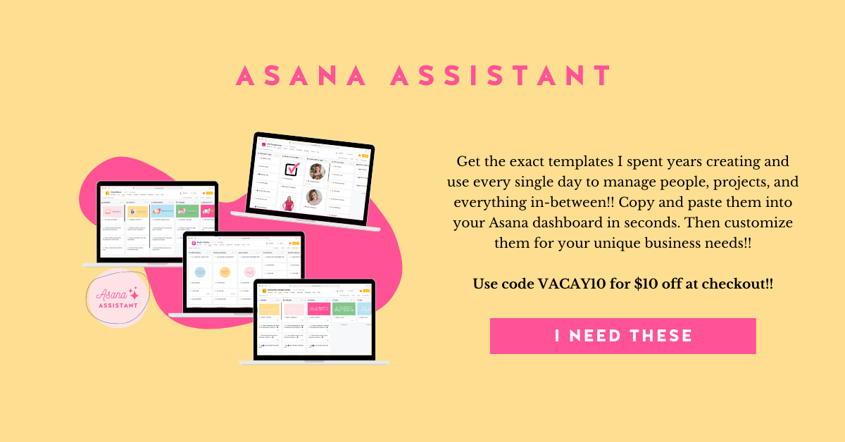 a yellow background with Asana templates on mini laptop mockups, hot pink title text, black paragraph text, and hot pink button with white text