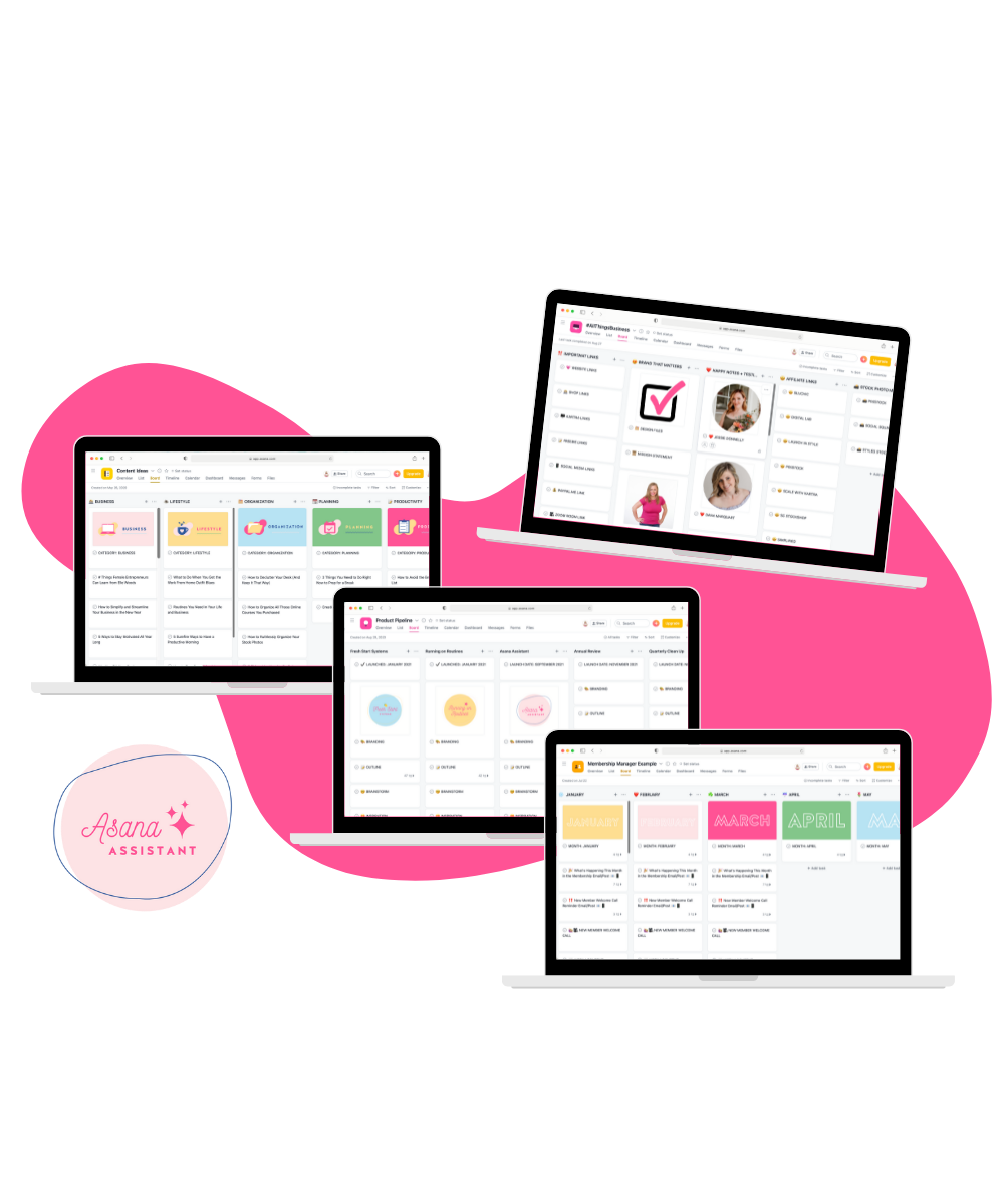 Asana Assistant template mockup on a hot pink background.