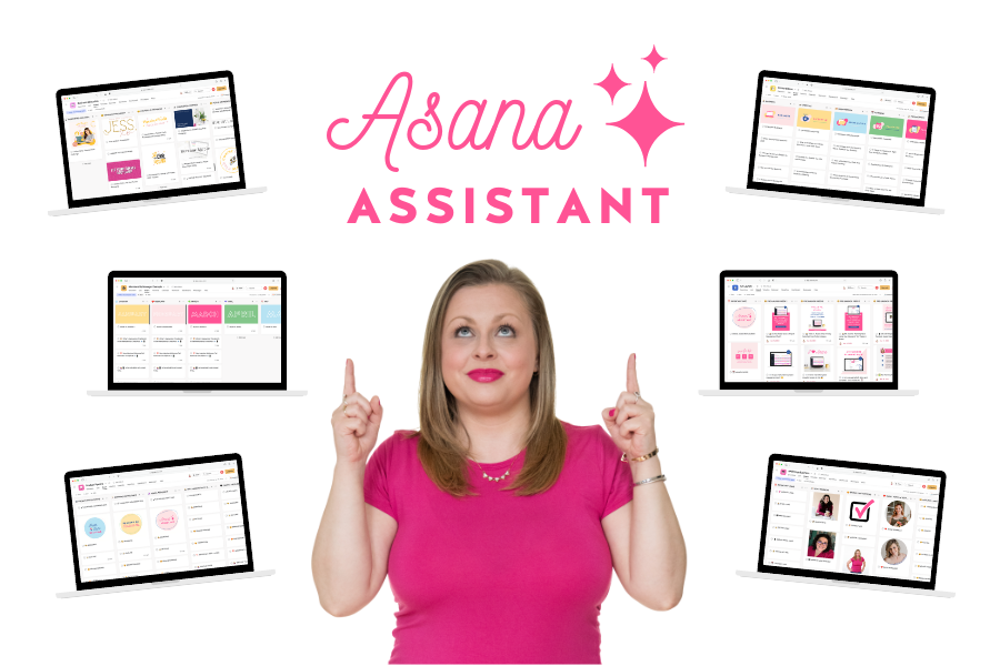 Alexandra of The Productivity Zone looking and pointing up at the Asana Assistant logo, surrounded by laptop mockups showcasing the Asana Assistant templates.