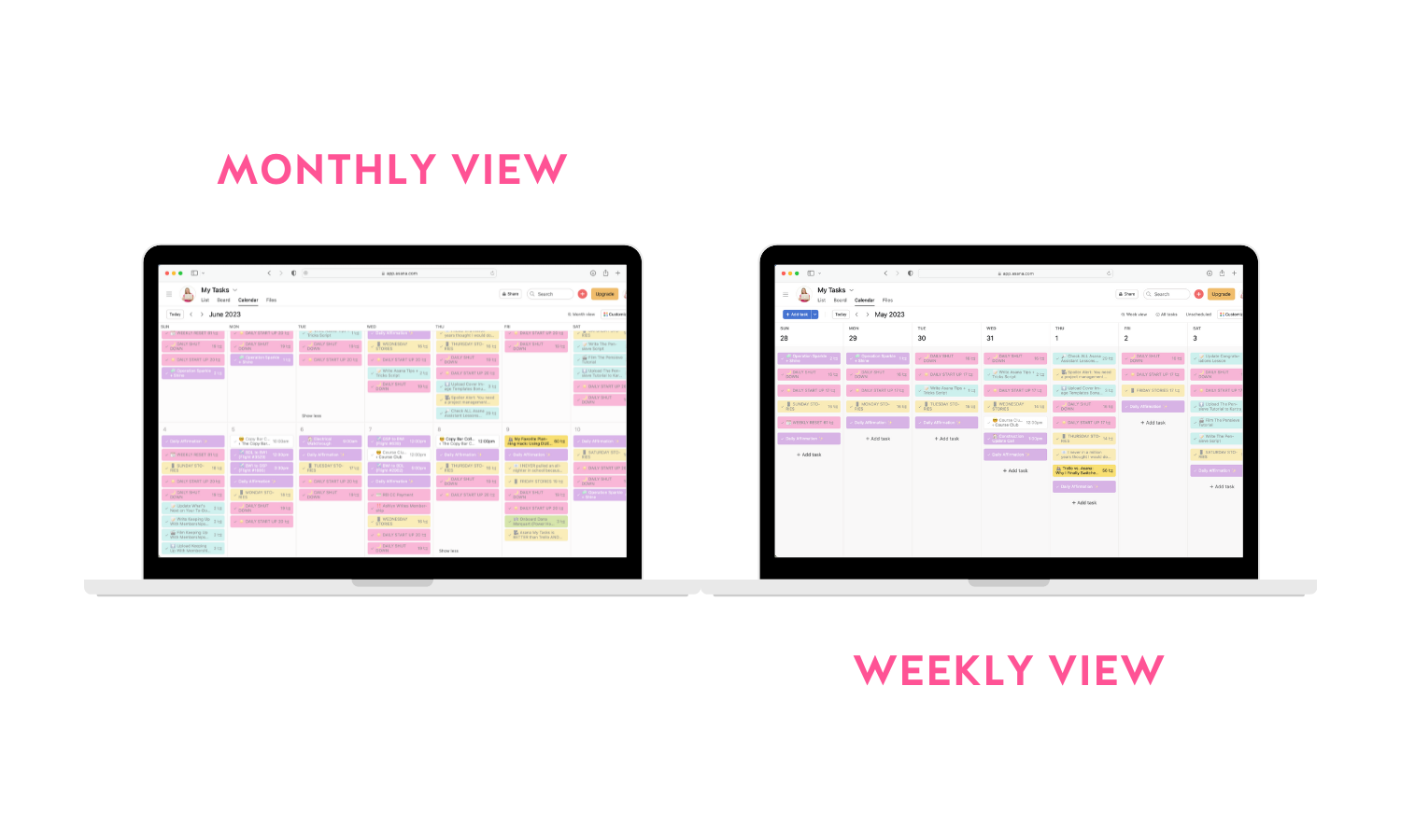Screenshot of Asana My Tasks monthly calendar view and weekly calendar view to compare the two.