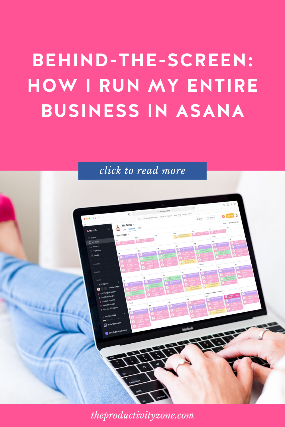 woman sitting on a couch in jeans and hot pink high heels with her feet up, working on her laptop, which shows the My Tasks view in Asana
