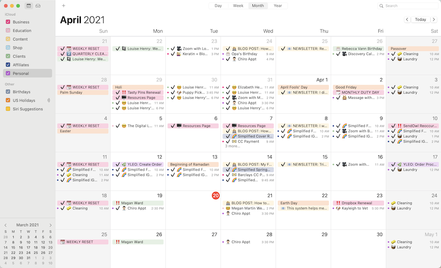 Close up screenshot of my digital calendar set up
