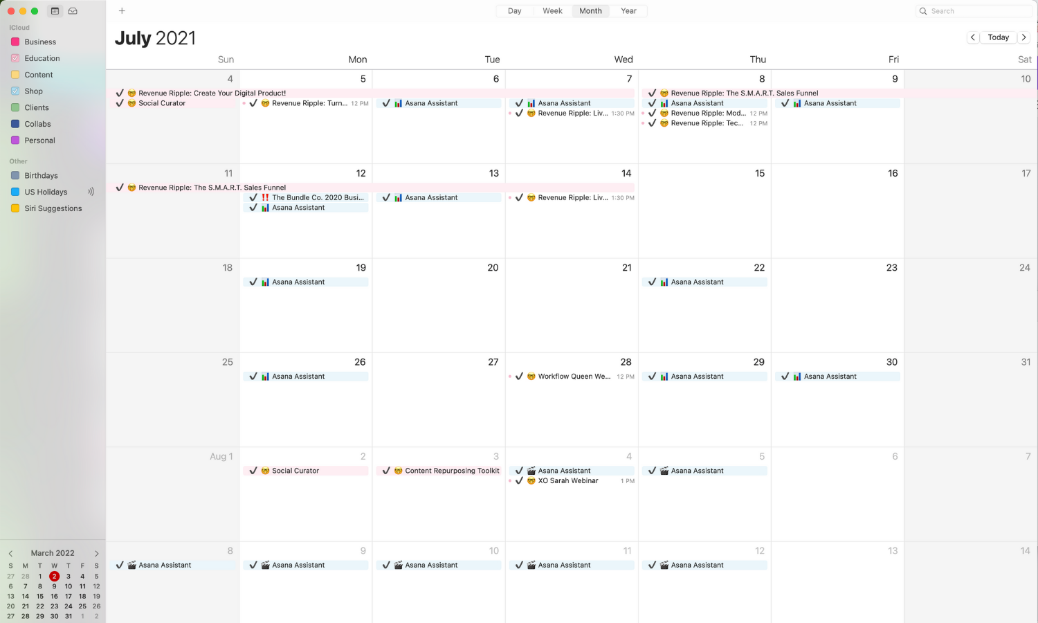 screenshot of my digital calendar with my Asana Assistant creation schedule
