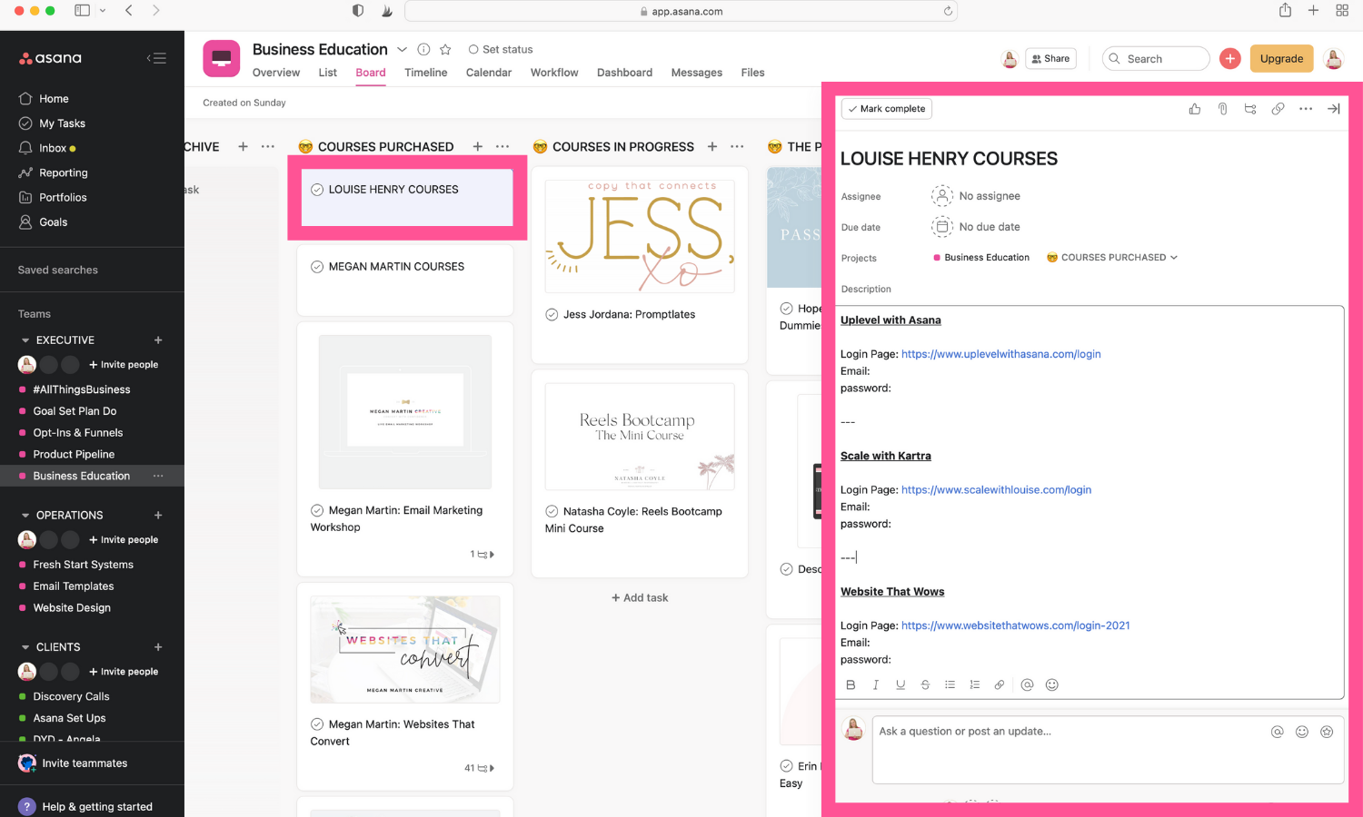 screenshot of my business education project in asana showing a course creator placeholder card and description with course login details