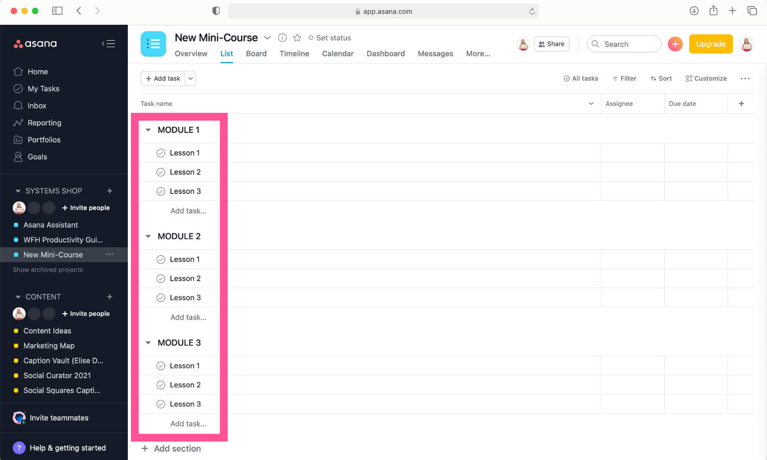 Screenshot of course outline in Asana list view.
