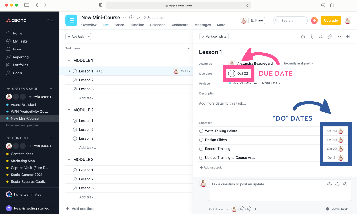 Screenshot of a due date for a task and do dates for subtasks in Asana.
