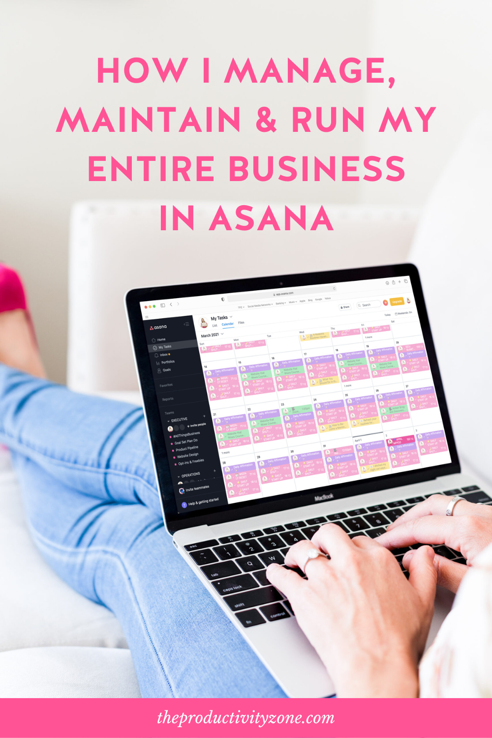 woman sitting on a couch in jeans and hot pink high heels with her feet up, working on her laptop, which shows the My Tasks view in Asana