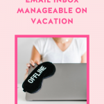 a blush pink background with a square photo of a laptop with a black eye mask with the word OFFLINE printed on it in white with a hot pink border and hot pink text