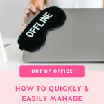 a blush pink background with a square photo of a laptop with a black eye mask with the word OFFLINE printed on it in white, hot pink text, and a hot pink out of office banner