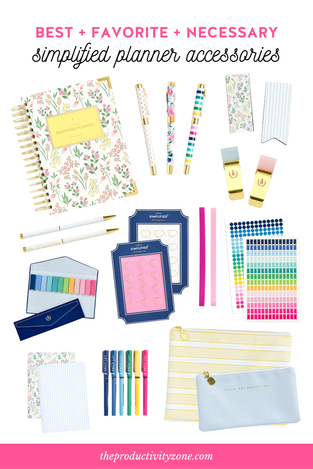 Simplified Planner accessories shopping guide including a daily planner, pens, pen clips, page markers, paper clips, stickers, sticky flags, mini notebooks, stretchy bands, planner and pencil pouches