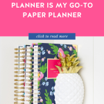 Simplified Planners on a shelf being held up by a white and gold pineapple bookend