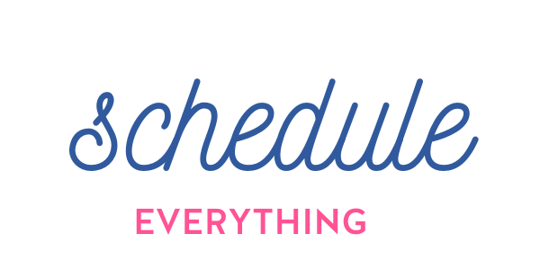 The word schedule in a navy cursive font with the word everything in hot pink block letters underneath.