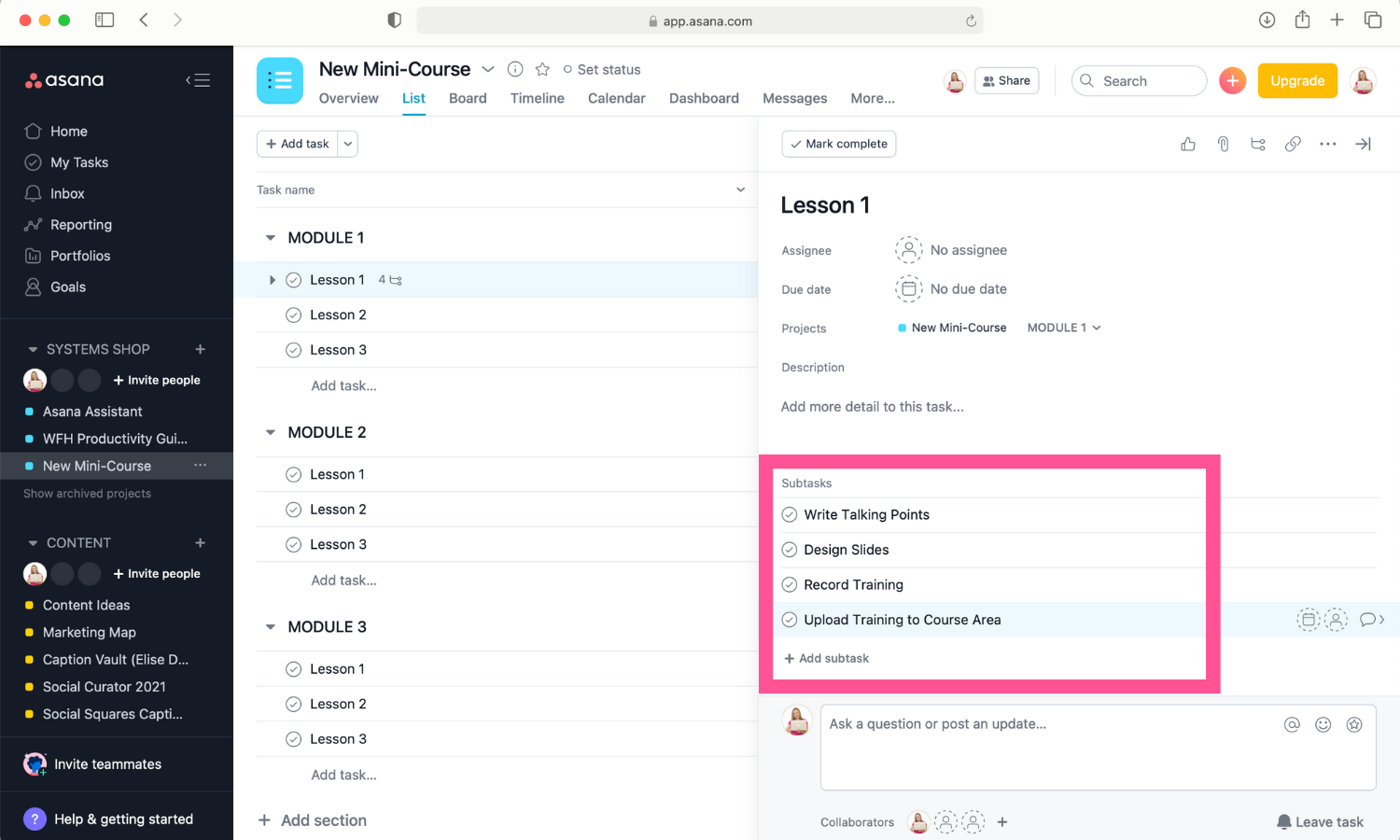 Screenshot of subtasks listed out in Asana.