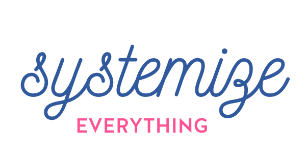 The word systemize in a navy cursive font with the word everything in hot pink block letters underneath.