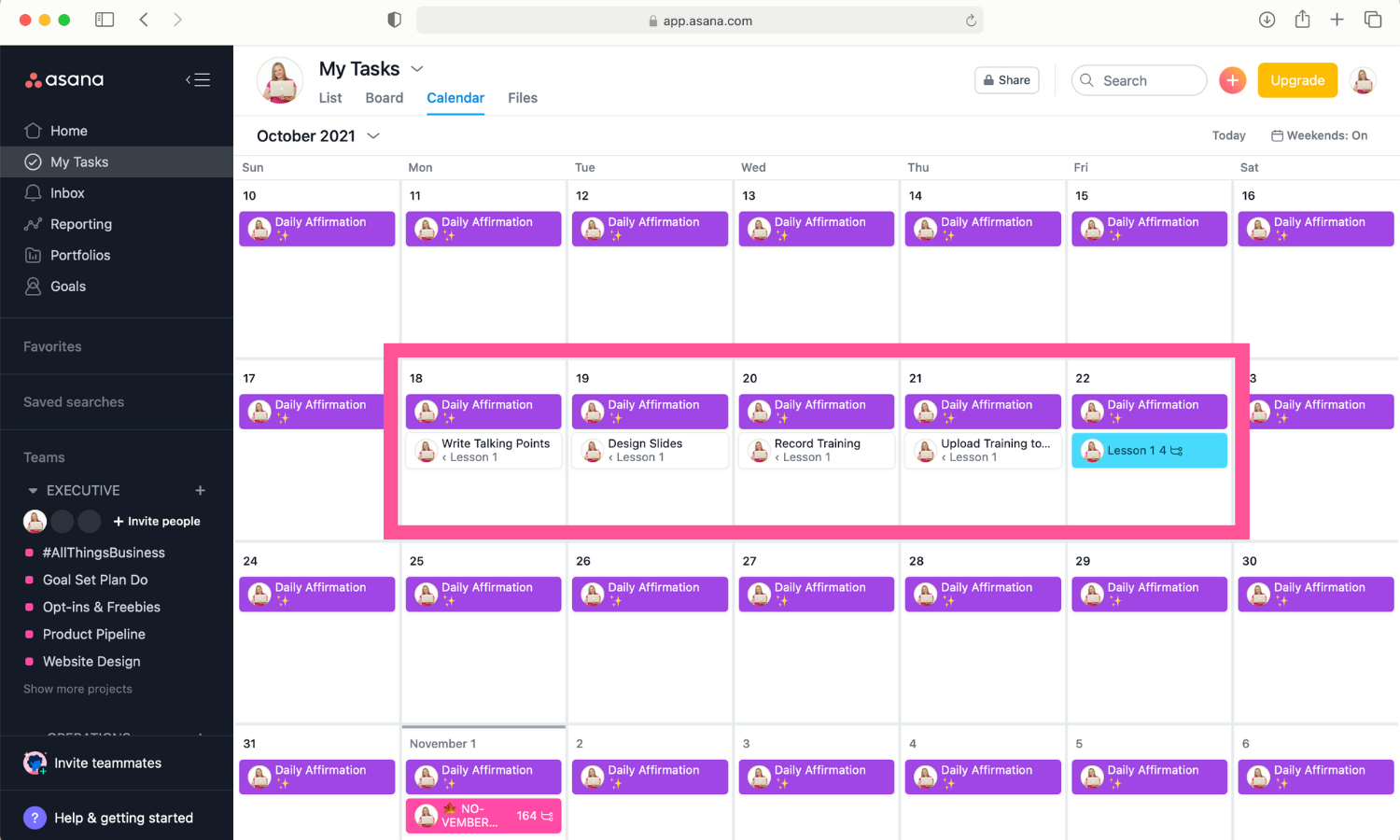 Screenshot of tasks and subtasks in Asana My Tasks calendar view.