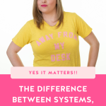 Text graphic featuring white text on a hot pink background with a girl in a yellow shirt giving the text a sassy look. The text reads: "The Difference Between Systems, Tools & Templates." There is also a blush pink banner across the middle of the graphic with hot pink text that reads: "Yes it matters!!"
