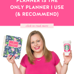Alexandra of The Productivity Zone holding a Daily Simplified Planner in one hand and cute to-go cup of coffee in the other