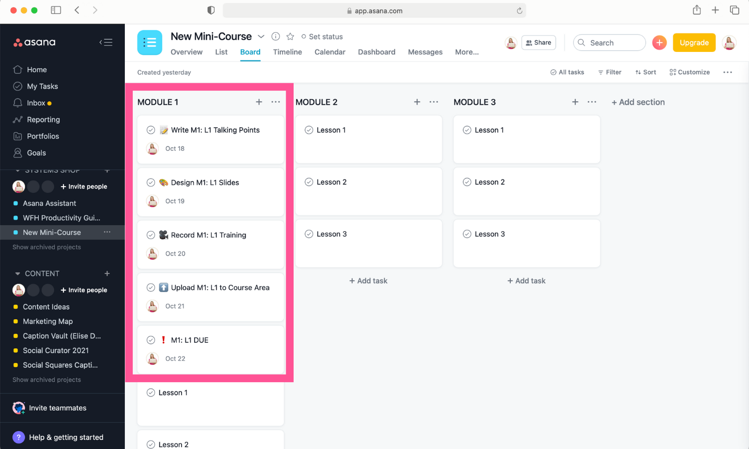 Screenshot of to-do cards with Due/Do Dates in Asana board view.