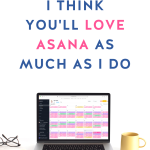 stock photo of an open laptop sitting on a white tabletop between a yellow mug and yellow hard cover notebook with glasses lying on top; Asana My Tasks is on the laptop screen