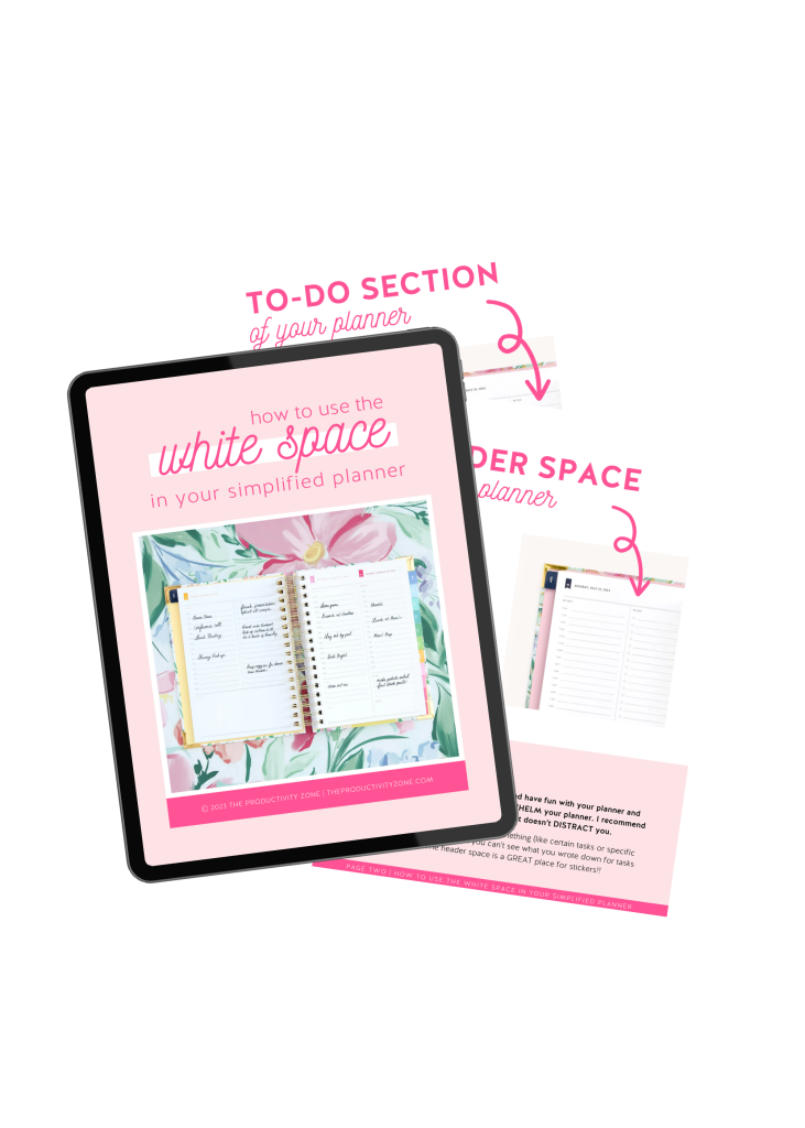 iPad and page mockup featuring pages of the White Space Simplified Planner Guide
