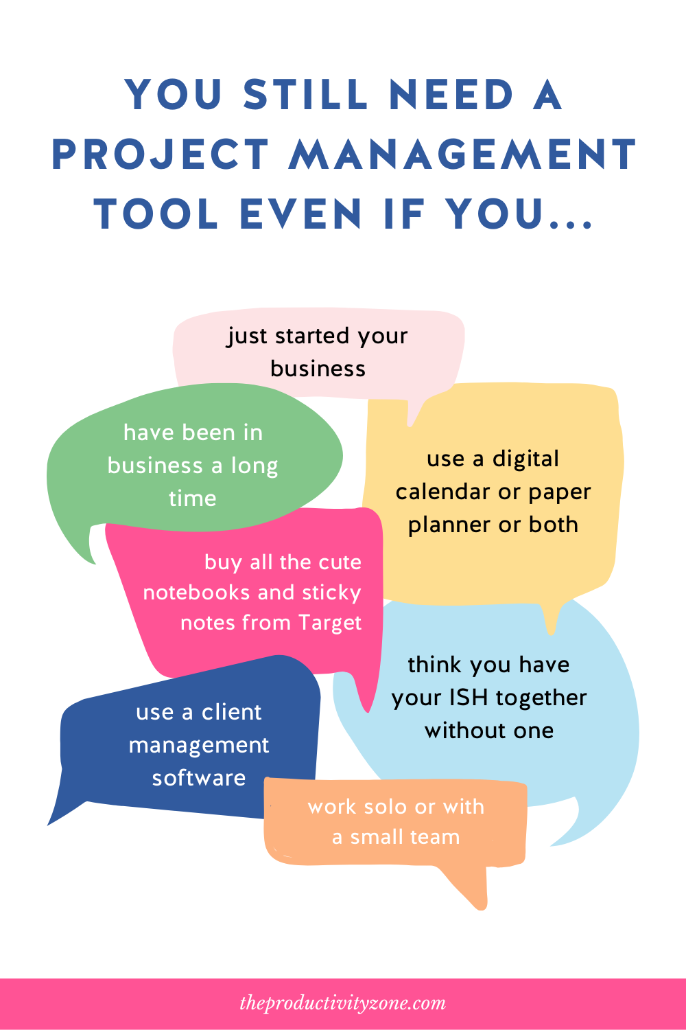 Colorful speech bubbles with all the reasons why you still need a project management tool on a white background