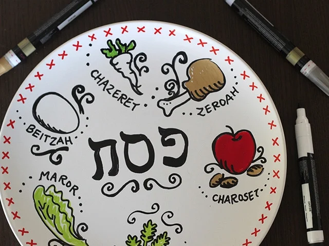 Close-up of DIY passover sedar plate designed with a pen and coloring pens